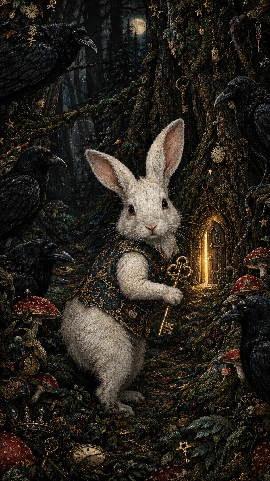 Coelho branco em uma floresta escura usando um colete ornamentado