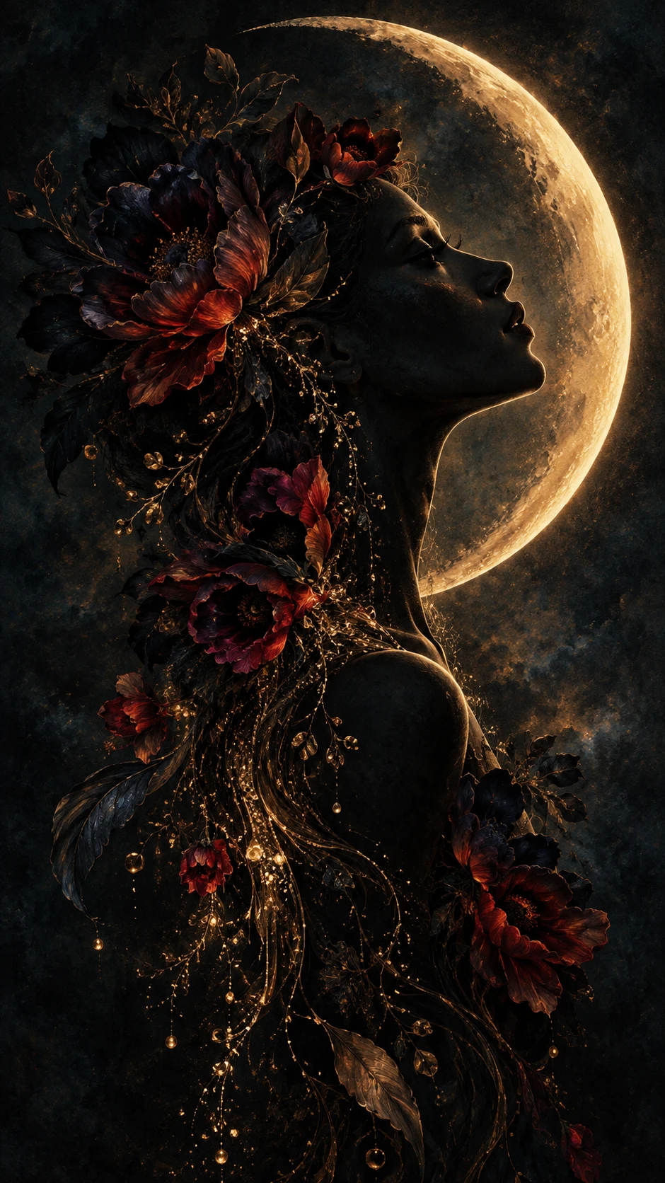 Mulher surreal sombreada de perfil com halo de lua crescente