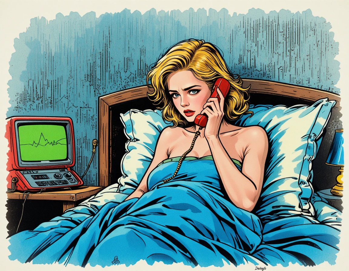 Ängstliche junge Frau am Telefon in einem Schlafzimmer im Comic-Stil