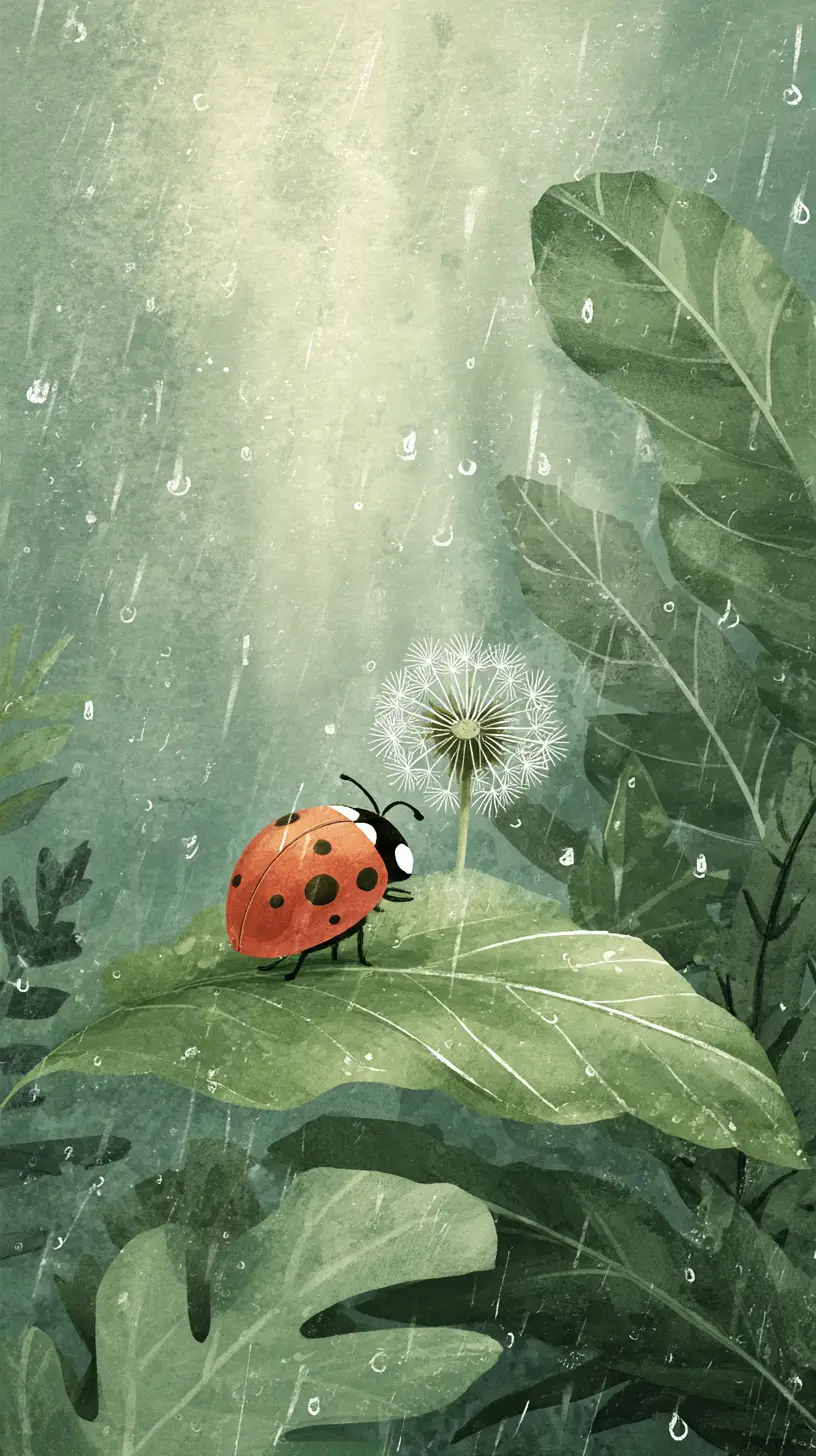 Ladybug On Leaf Holding Dandelion In Gentle Rain