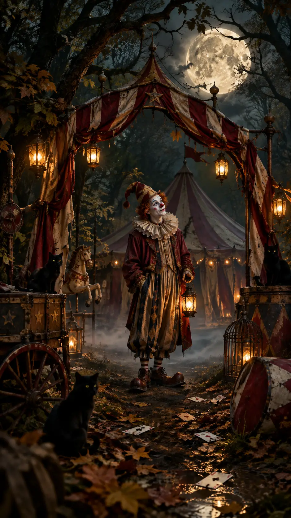 Abandoned miniature circus in a moonlit forest clearing