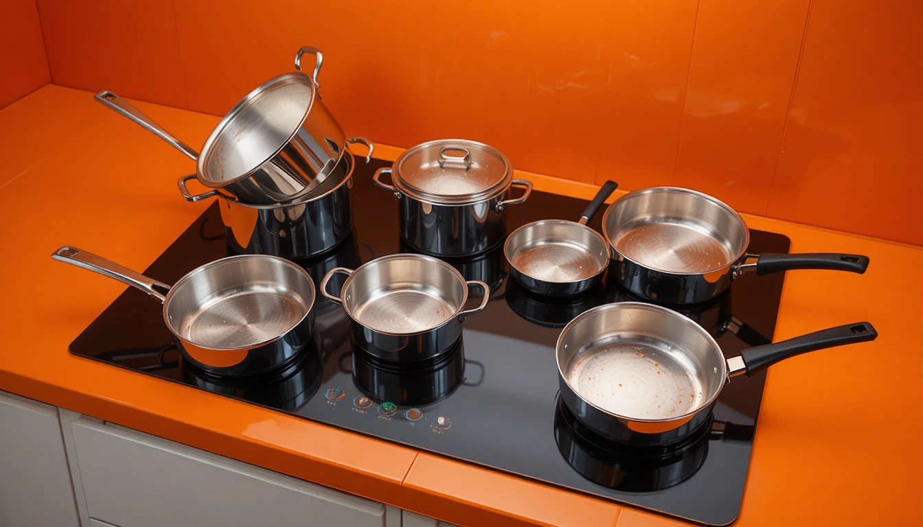 Cooktop preto sofisticado com panelas de inox em bancada laranja