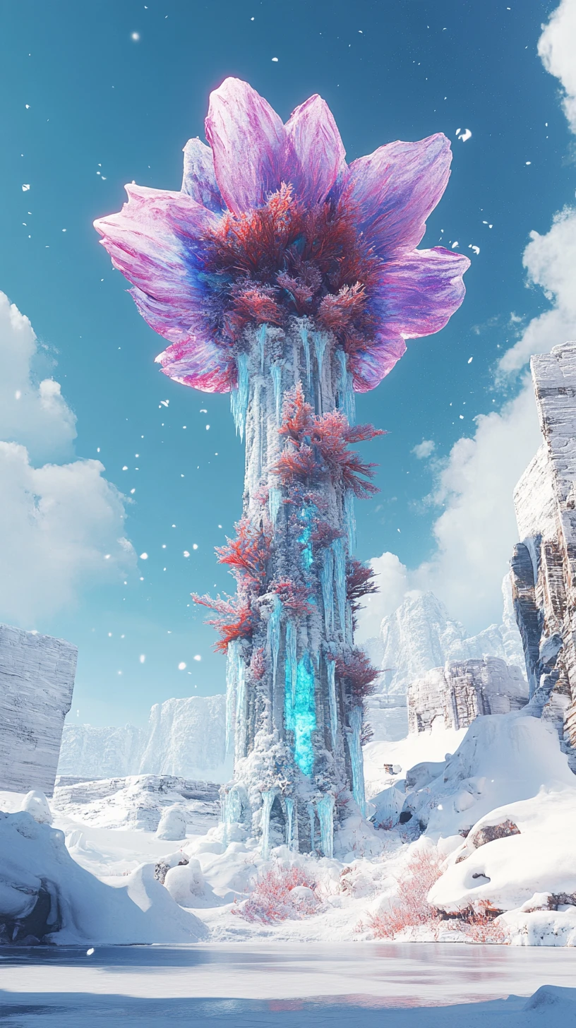 Anime-Eisblume mit violetten Blütenblättern auf gefrorenem See