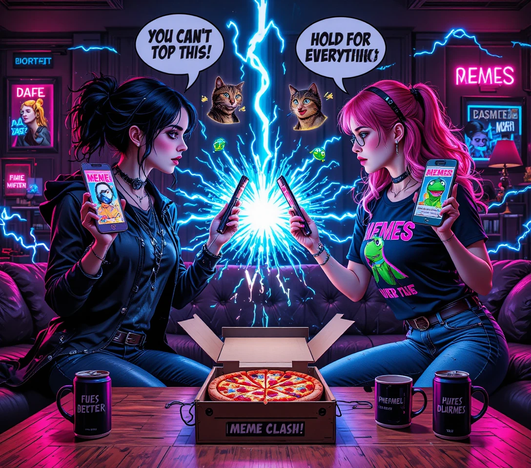 Duas mulheres entram em choque com celulares de memes brilhantes em sala de estar neon