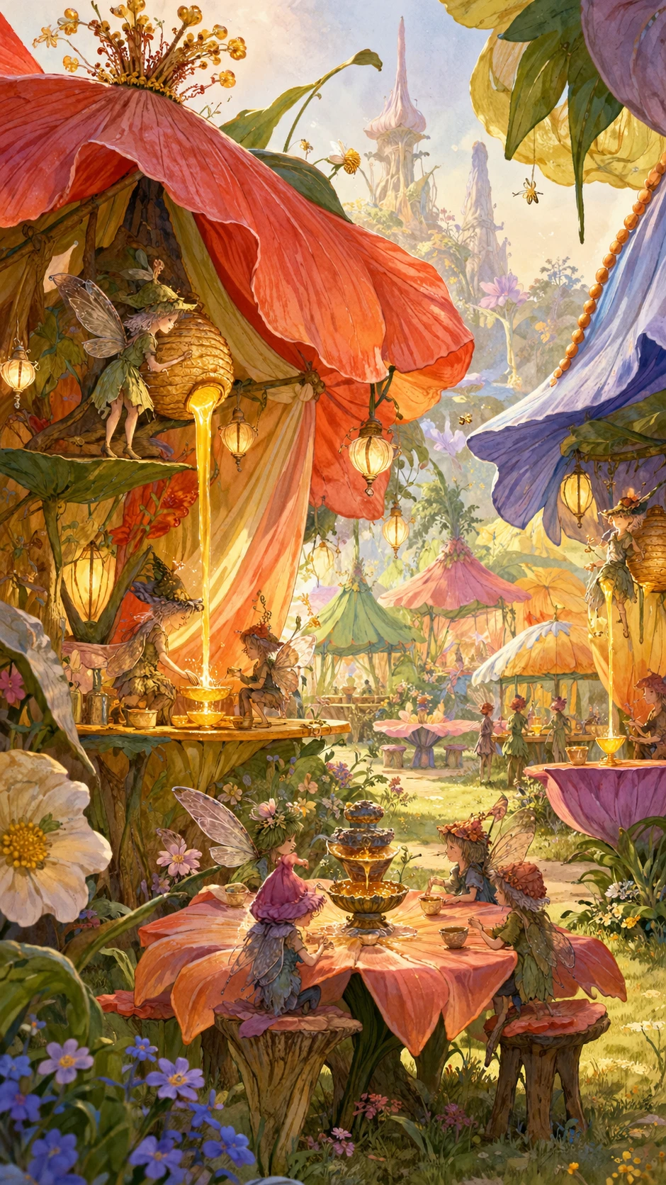 Whimsical fairy fairground with giant flower tents