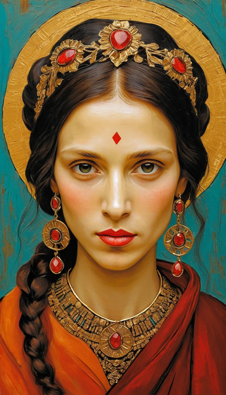 Pintura a óleo orientalista de mulher adornada com pena de pavão