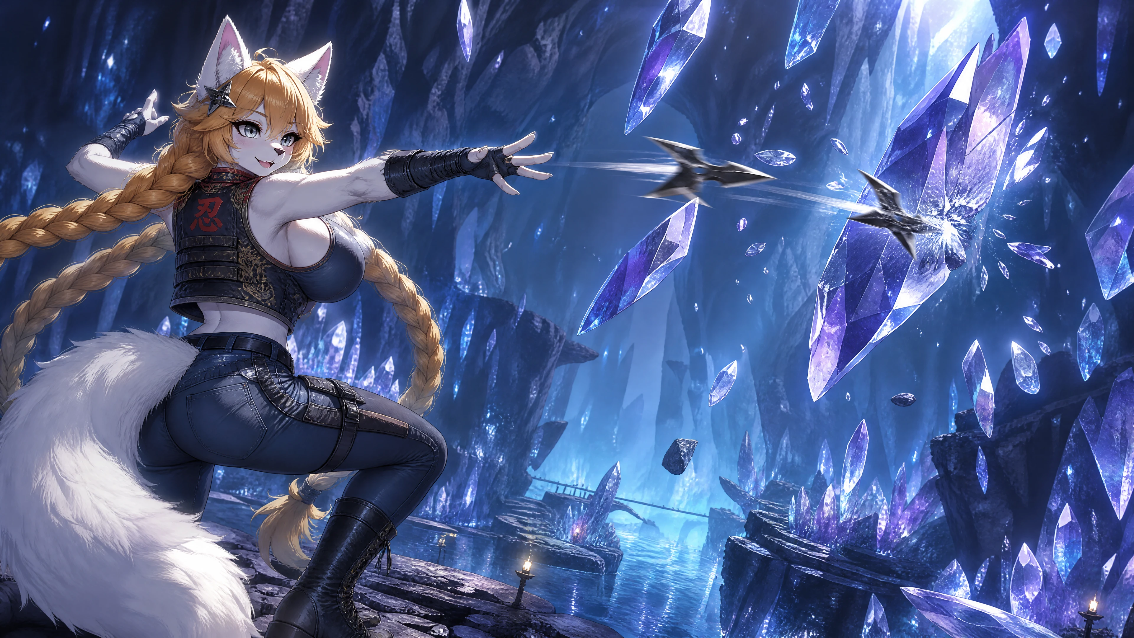 Anthro fox ninja woman battling shards in crystal cavern