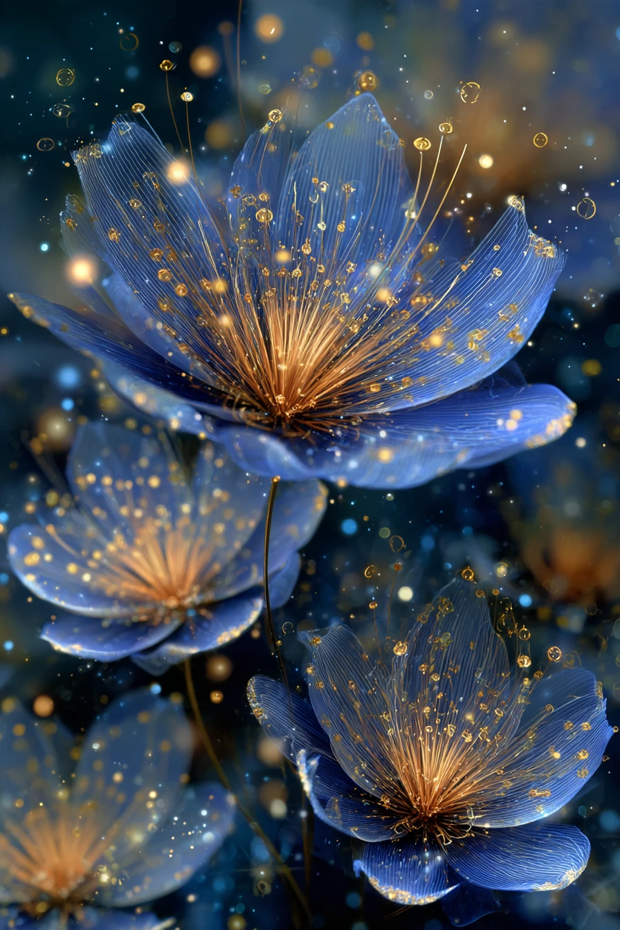 Leuchtend blaue Fantasieblumen mit strahlend goldenen Akzenten