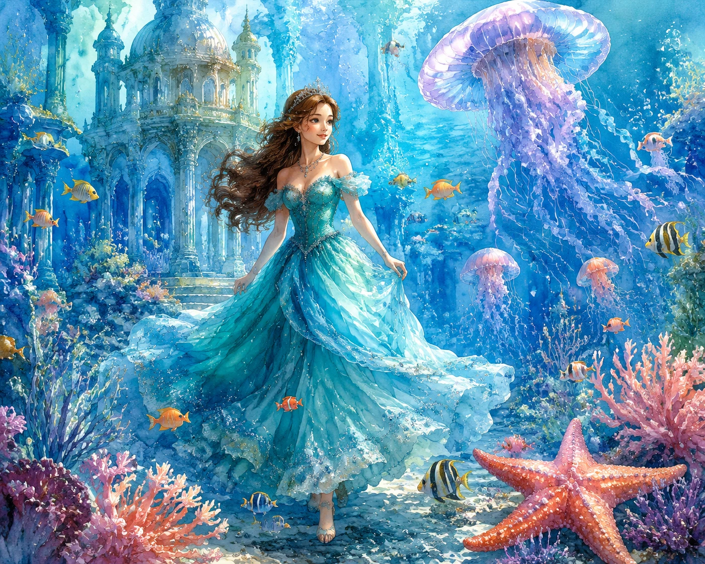 Princesse en robe turquoise dans un palais sous-marin mystique