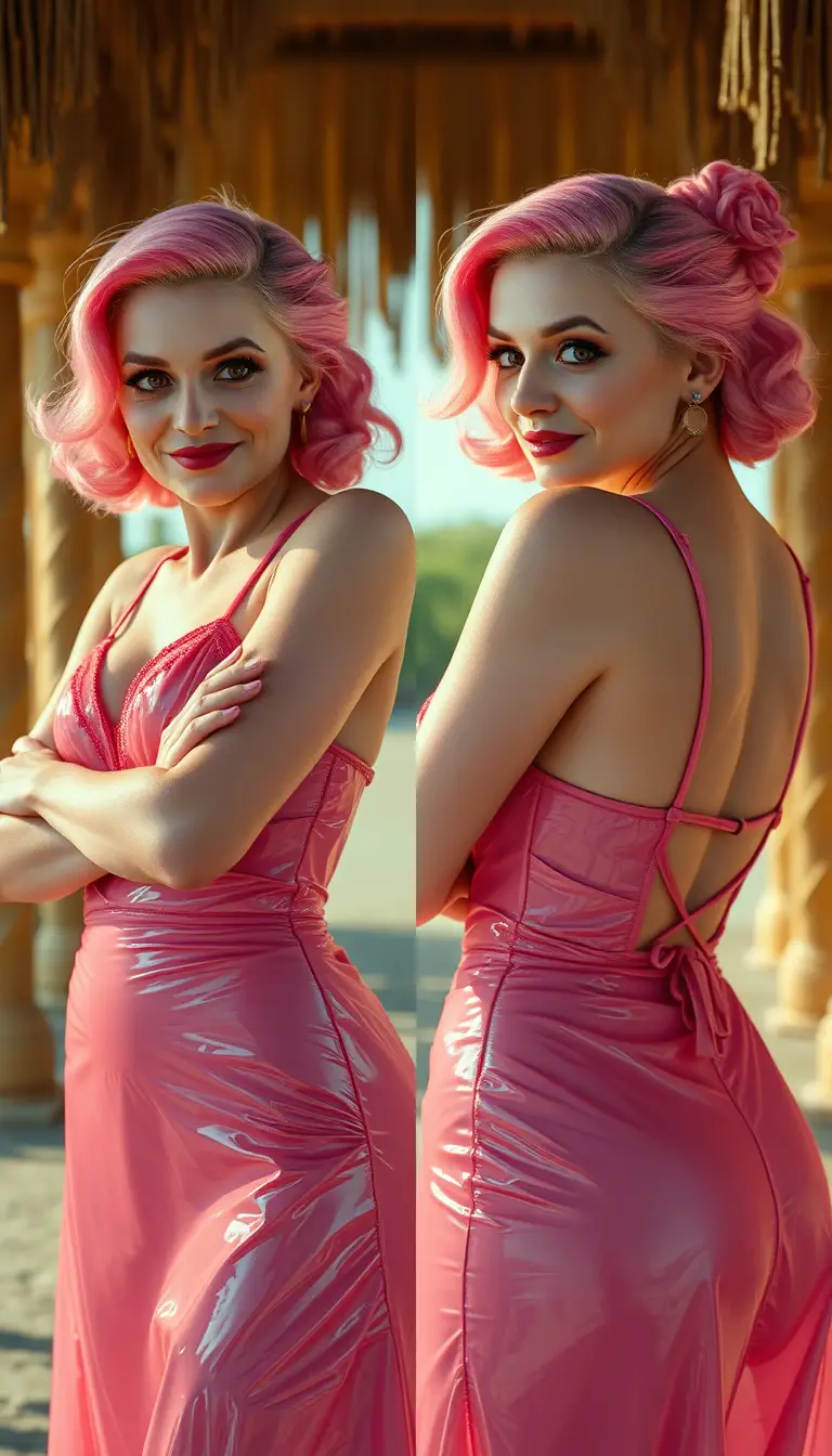 Femme séductrice en robe rose sous un ciel ensoleillé