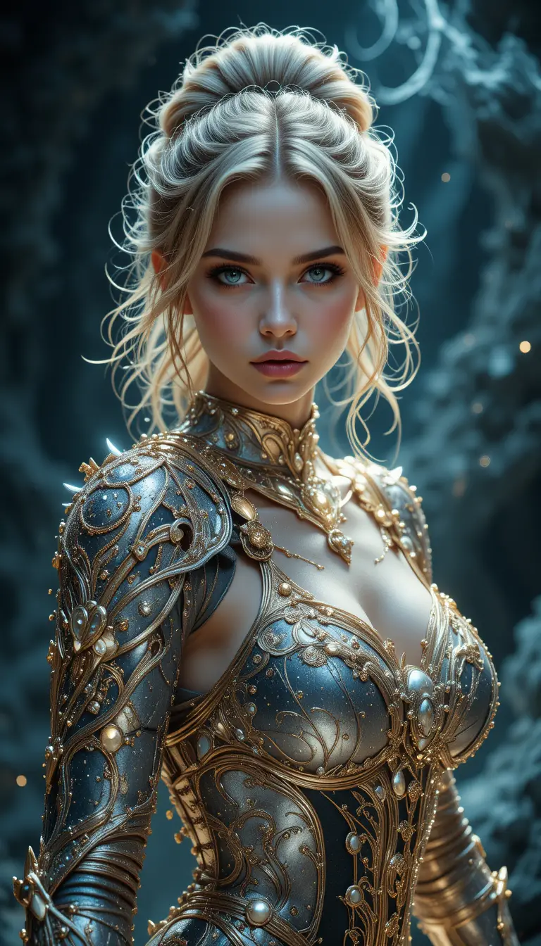 Fierce goddess in shimmering armor amid swirling darkness