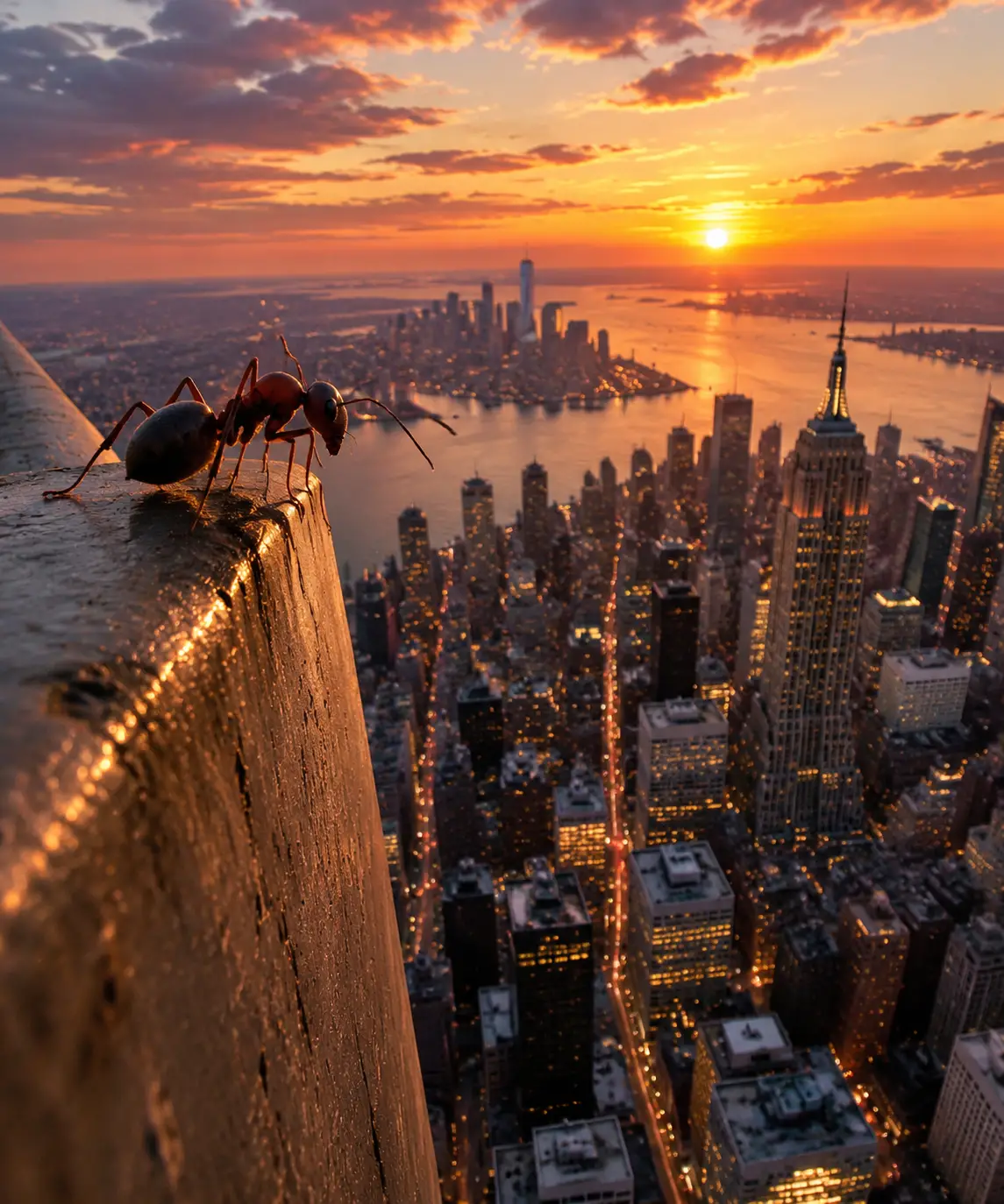 Formiga na beira de um arranha-céu sobre o horizonte da cidade ao pôr do sol
