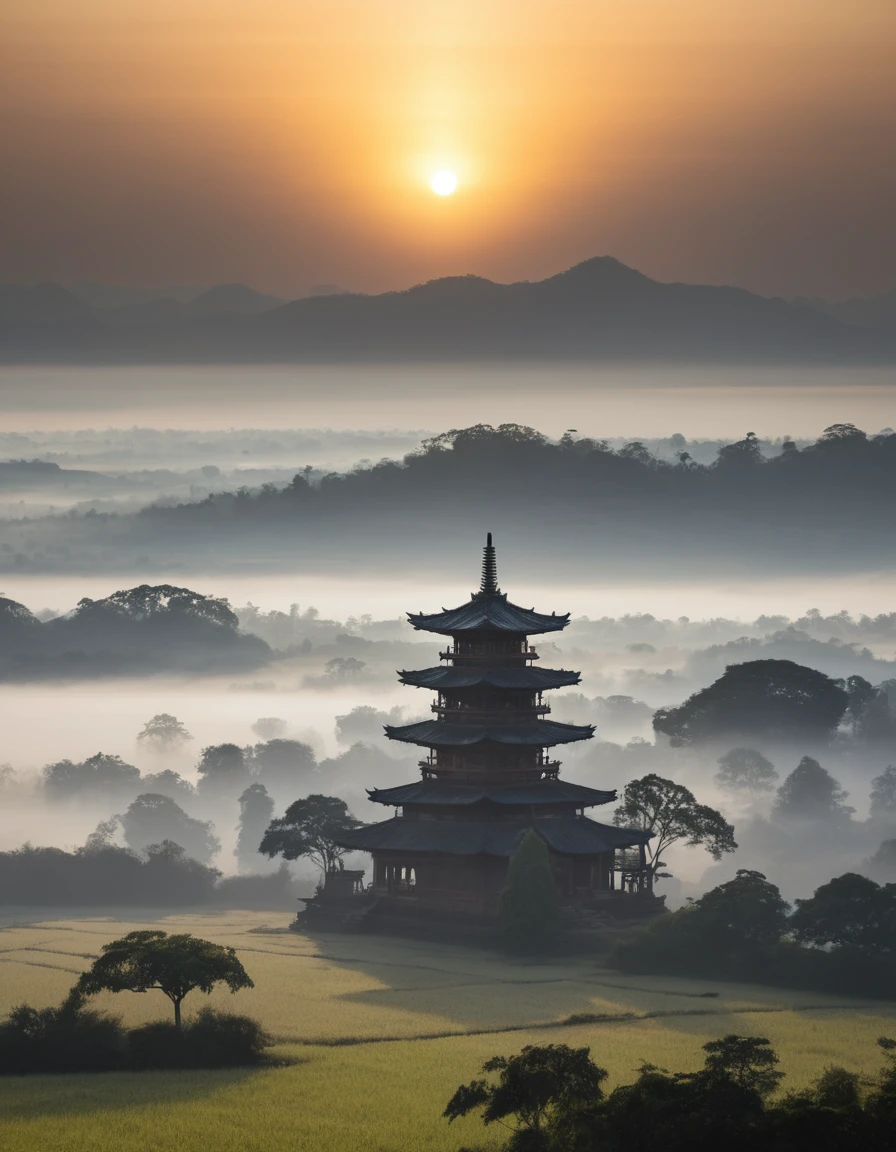Pagode solitário surgindo da névoa em uma planície ao amanhecer