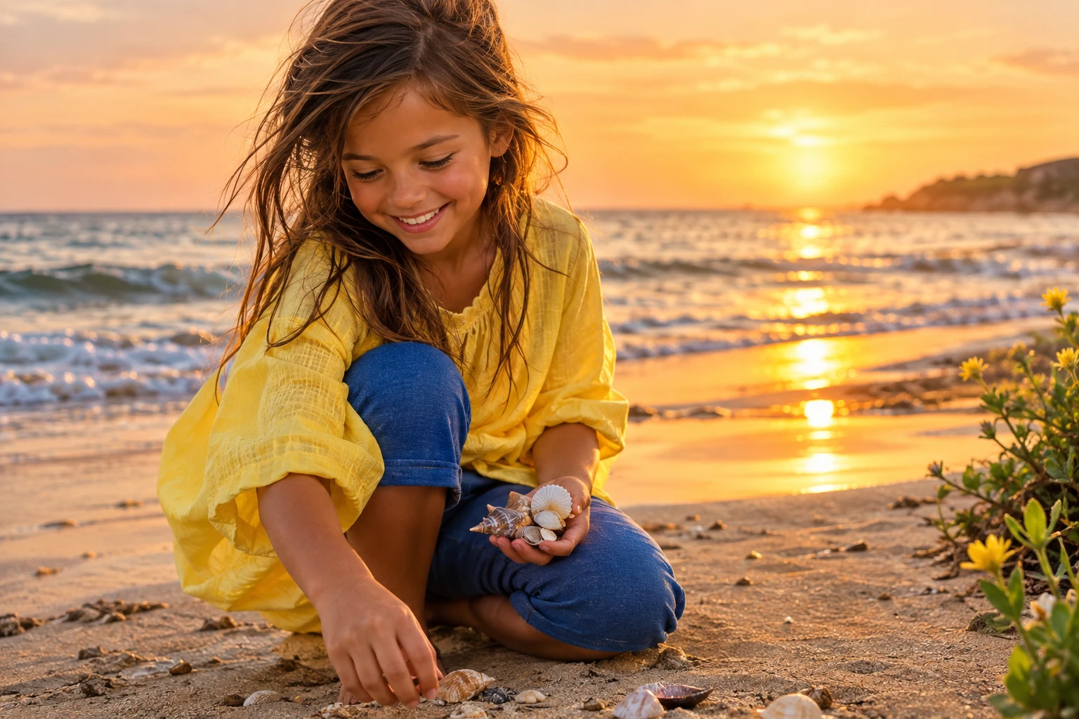 Menina sorridente recolhendo conchas na praia de areia