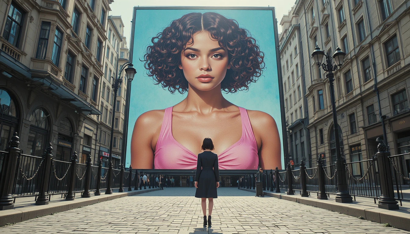 Gigante painel cinematográfico de mulher sobre um solitário na rua da cidade