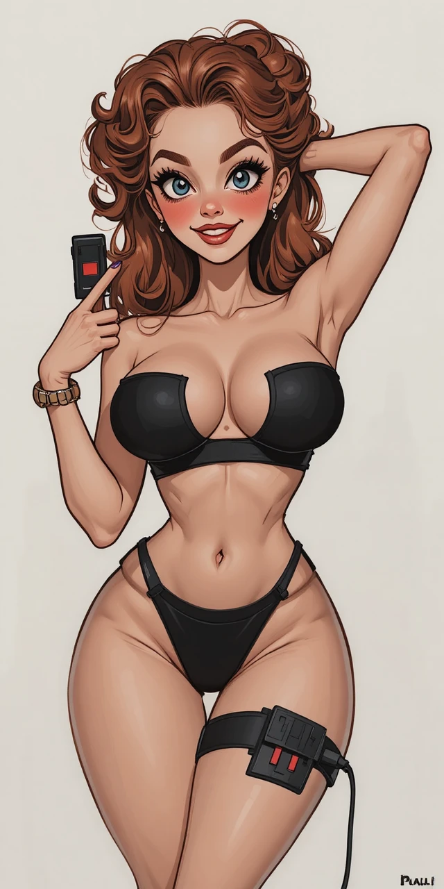 Mulher em estilo pin-up brincalhona com cabelo cacheado e cabo