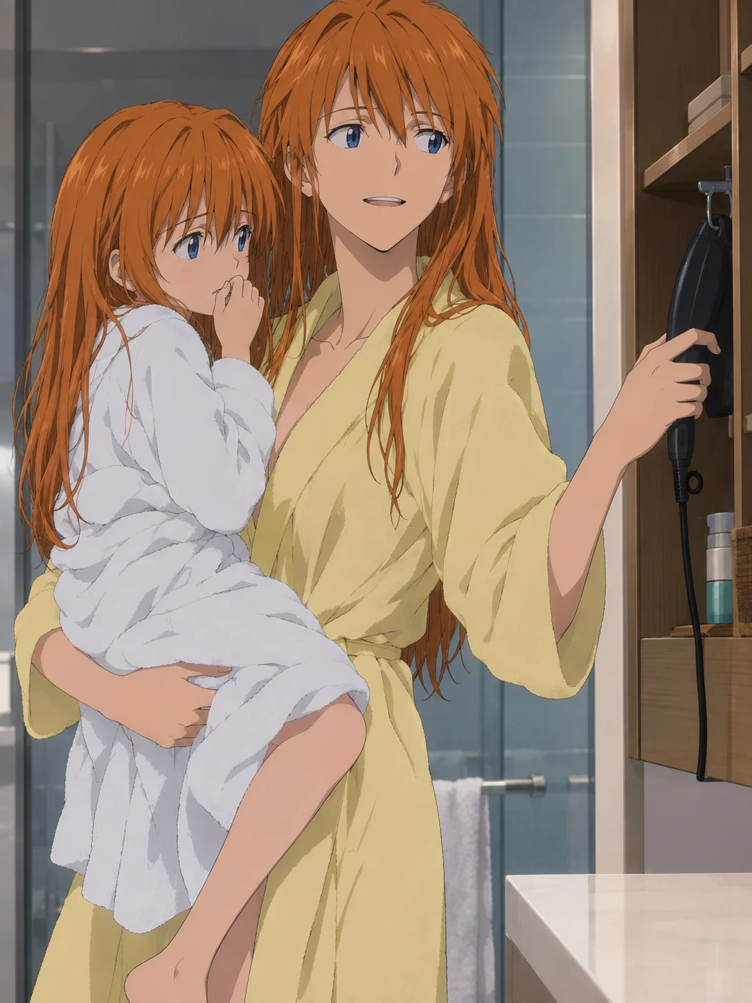 Mãe de anime segurando a filha no banheiro após o banho