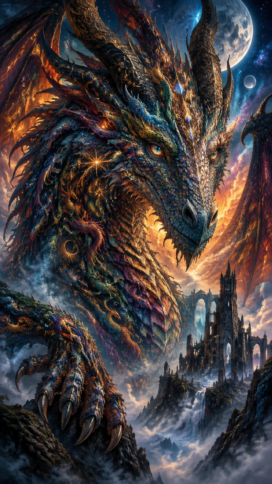 Retrato de un dragón antiguo surgiendo de la niebla celestial en espiral
