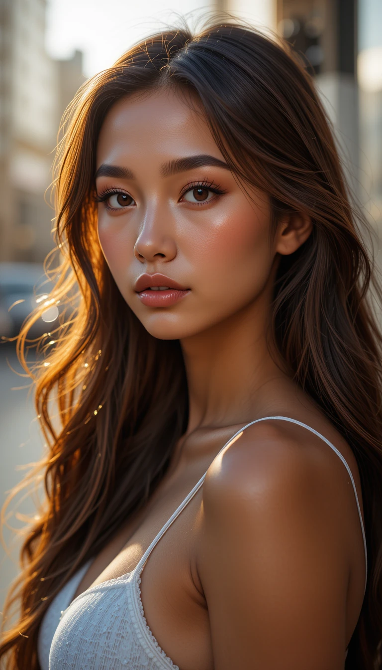 Filipina confiante em retrato urbano na hora dourada