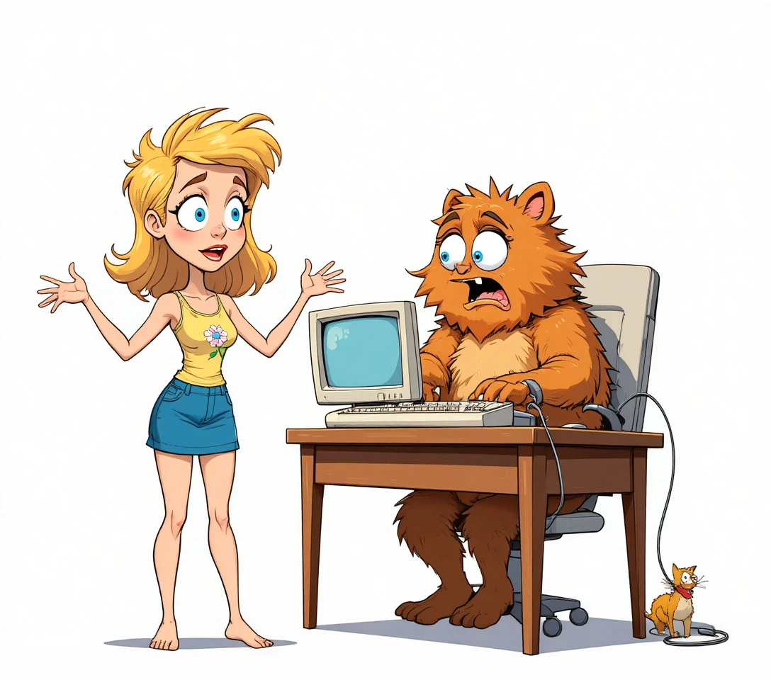 Garota em desenho reage a criatura fofa em pânico no computador