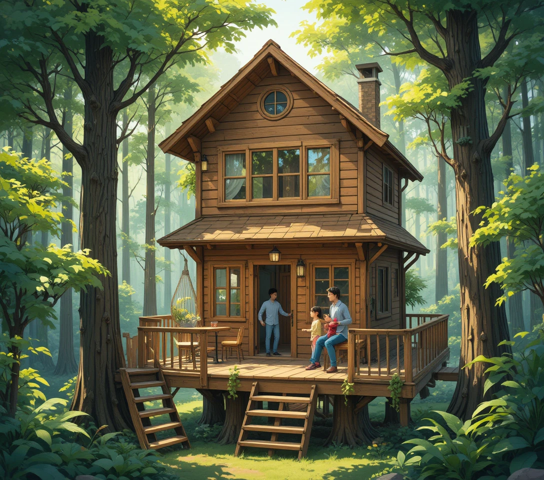 Family on a wooden treehouse deck in a forest
