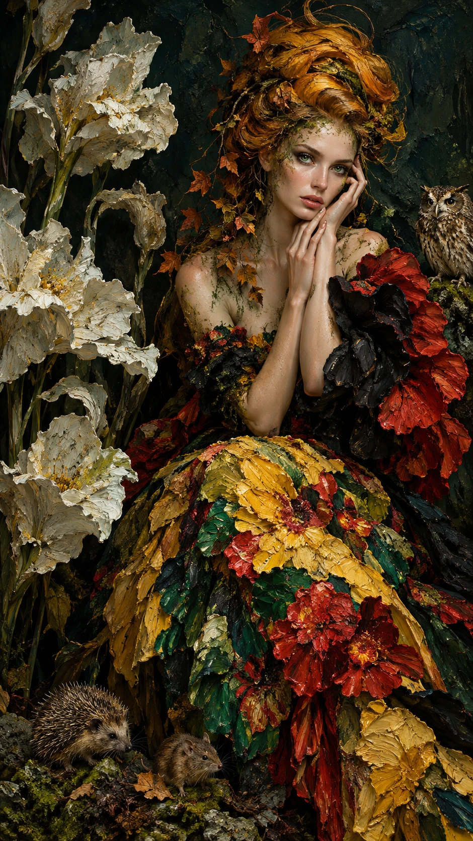 Fée de la forêt en couture florale sculpturale