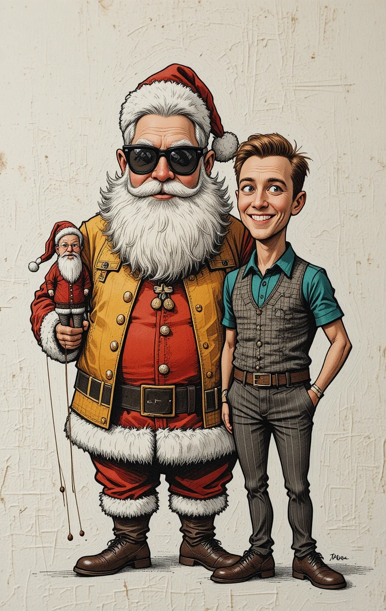 Babbo Natale in stile fumetto umoristico con burattinaio come compagno