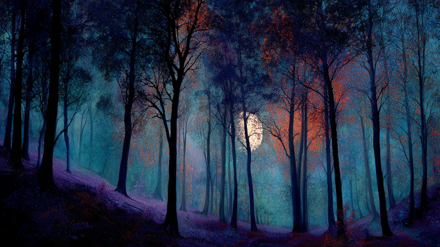 Dreamlike fantasy forest wrapped in soft spectral haze