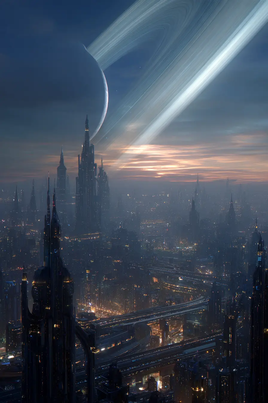Futuristische Alien-Stadt mit gewaltigen Megastrukturen in der Dämmerung