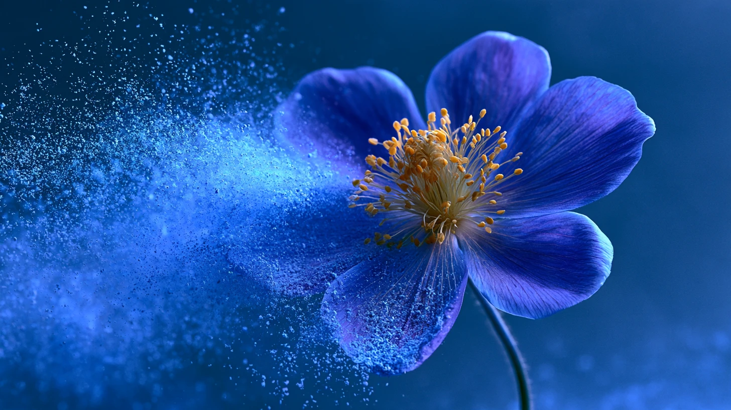 Flor azul com pétalas amarelas em poeira azul mística