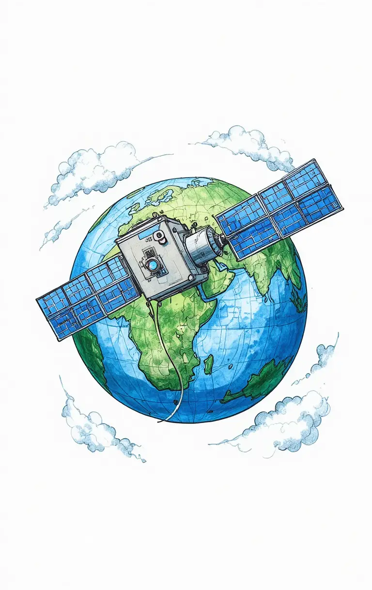卡通衛星以造型雲朵連接地球
