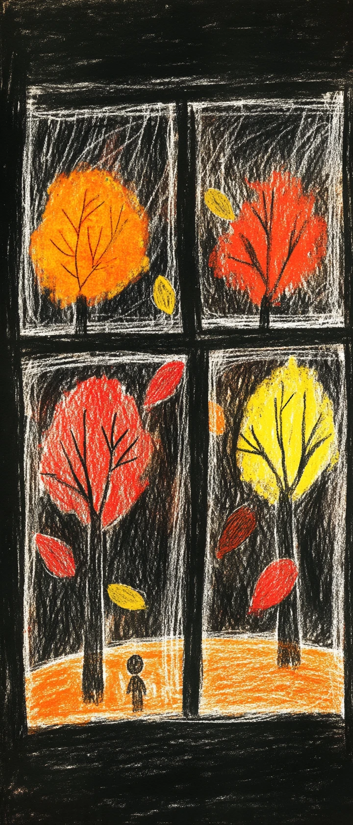 Childlike autumn window scene with colorful crayon trees