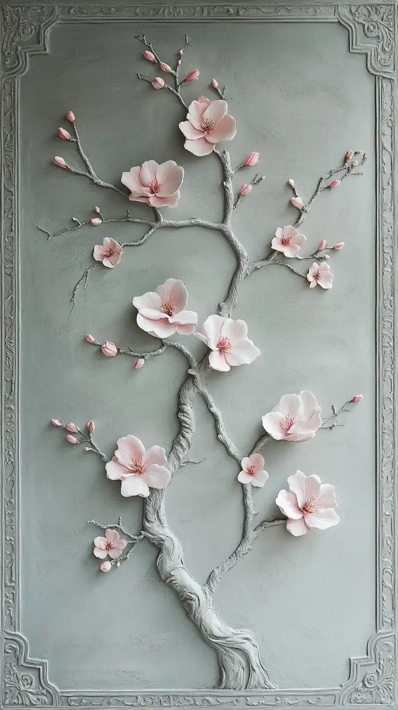Tableau encadré de fleurs de cerisier roses dans un vase sur une table