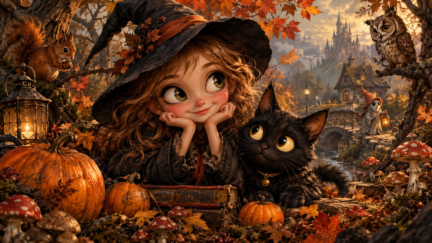 Ilustração de fantasia lúdica em um bosque de outono