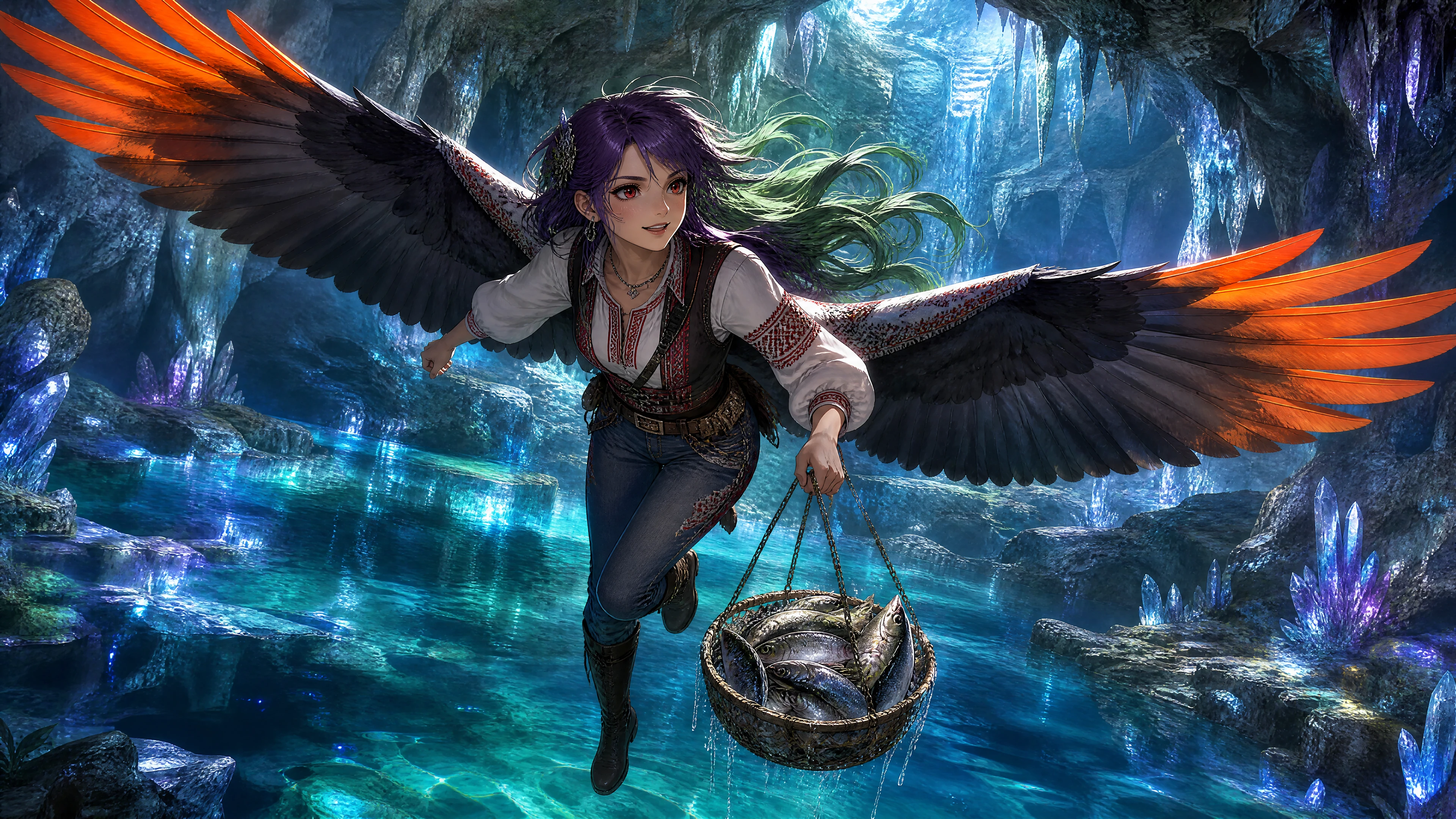 Femme ailée volant avec un panier de poissons dans une caverne de cristal
