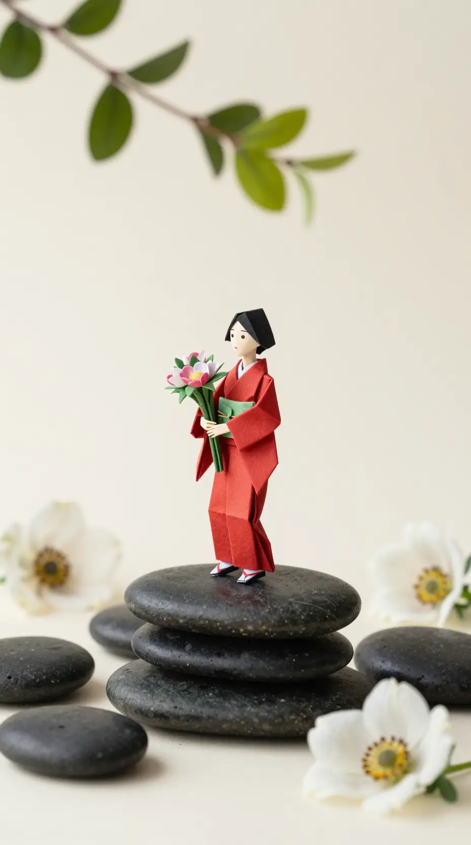 紅色和服摺紙女子站在堆疊的河石上