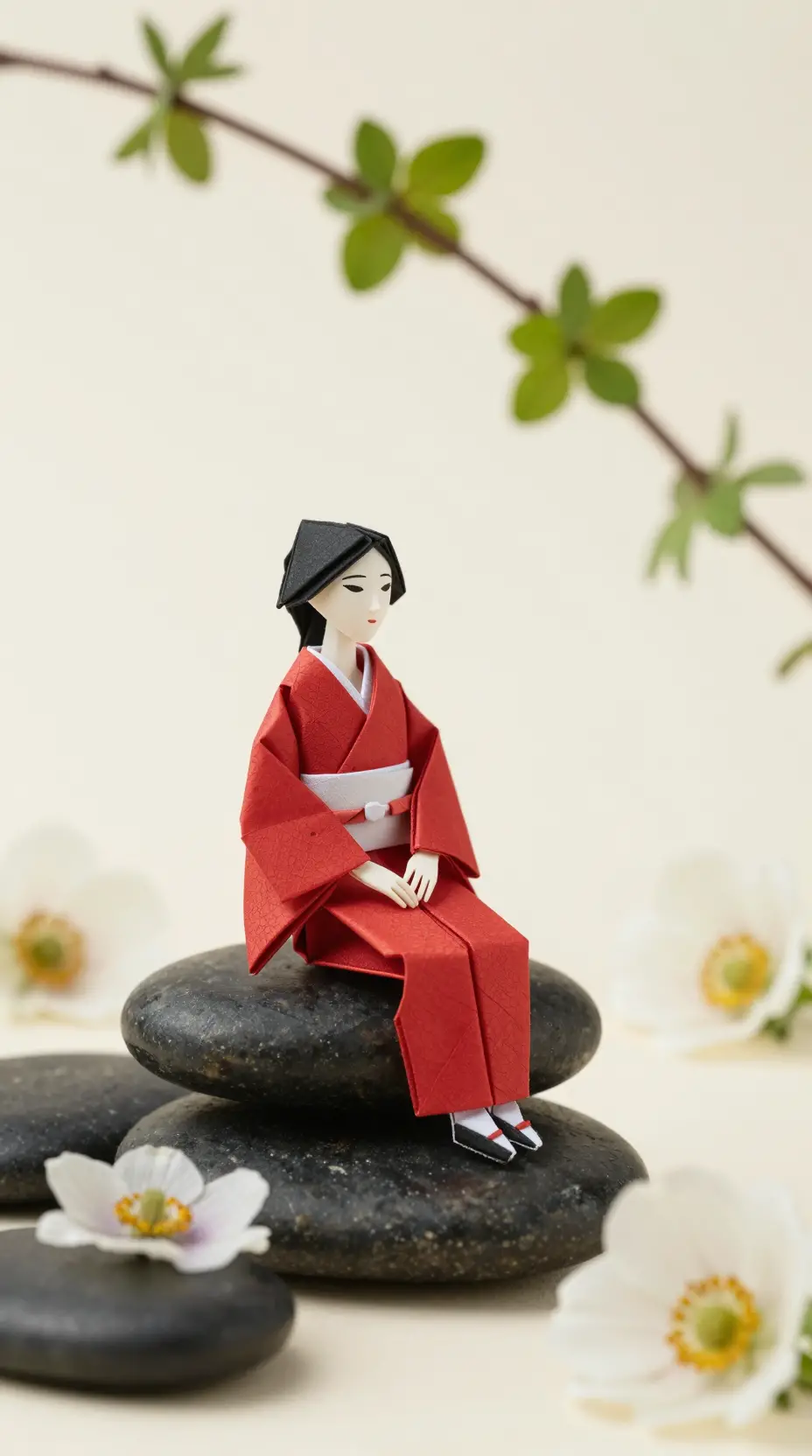 紅色和服摺紙女子立於石上，周圍點綴白色花朵