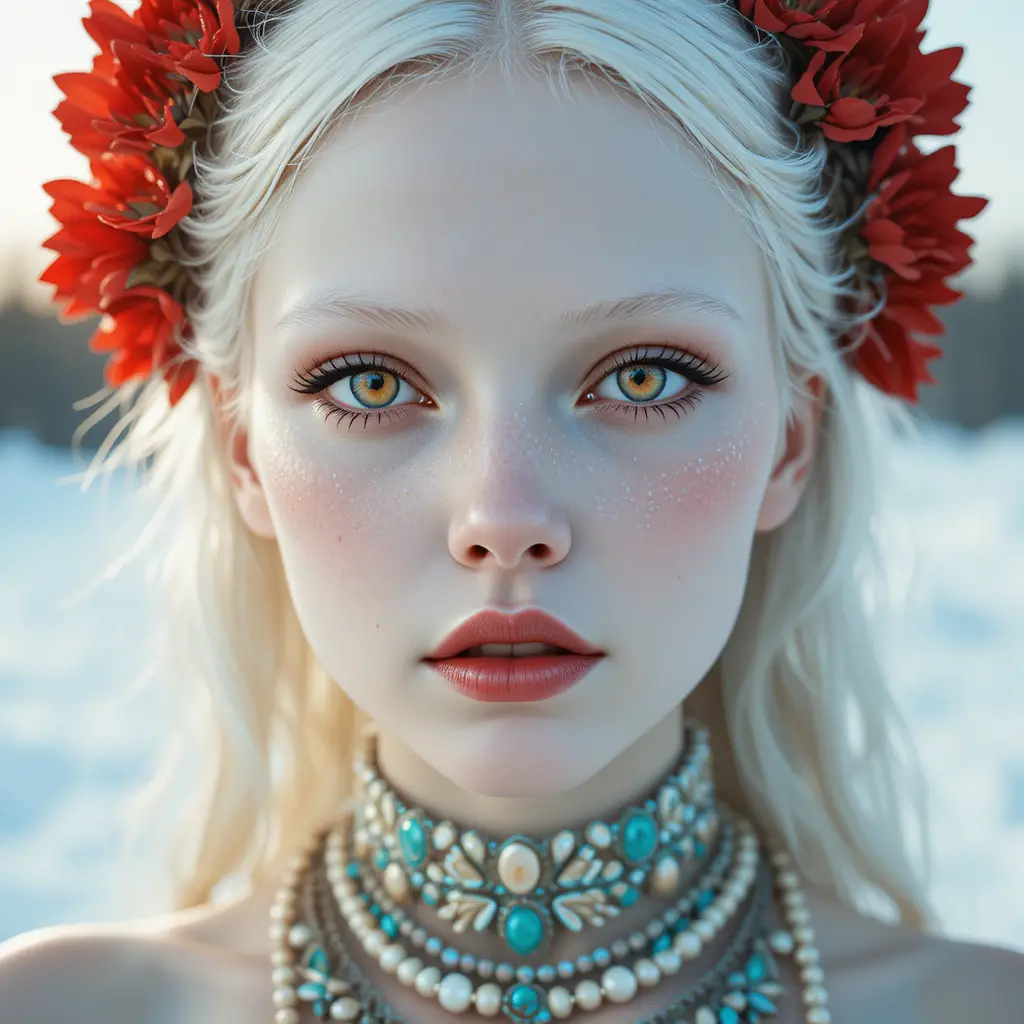 Albino-Mädchen mit gelben Augen in verschneiter blauer Landschaft
