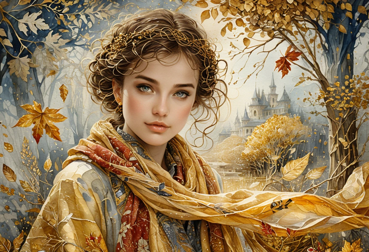 披著魔幻金色水彩圍巾的秋日女子
