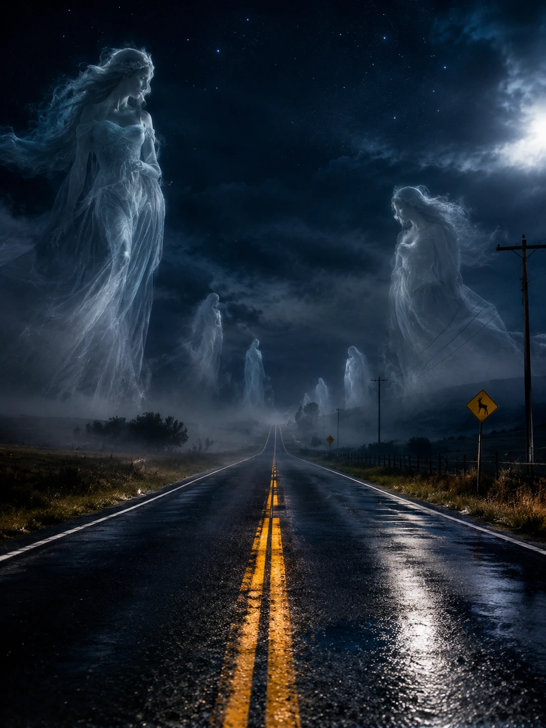 Rodovia Noturna Assustadora com Figuras Fantasmagóricas e Faróis de Carros