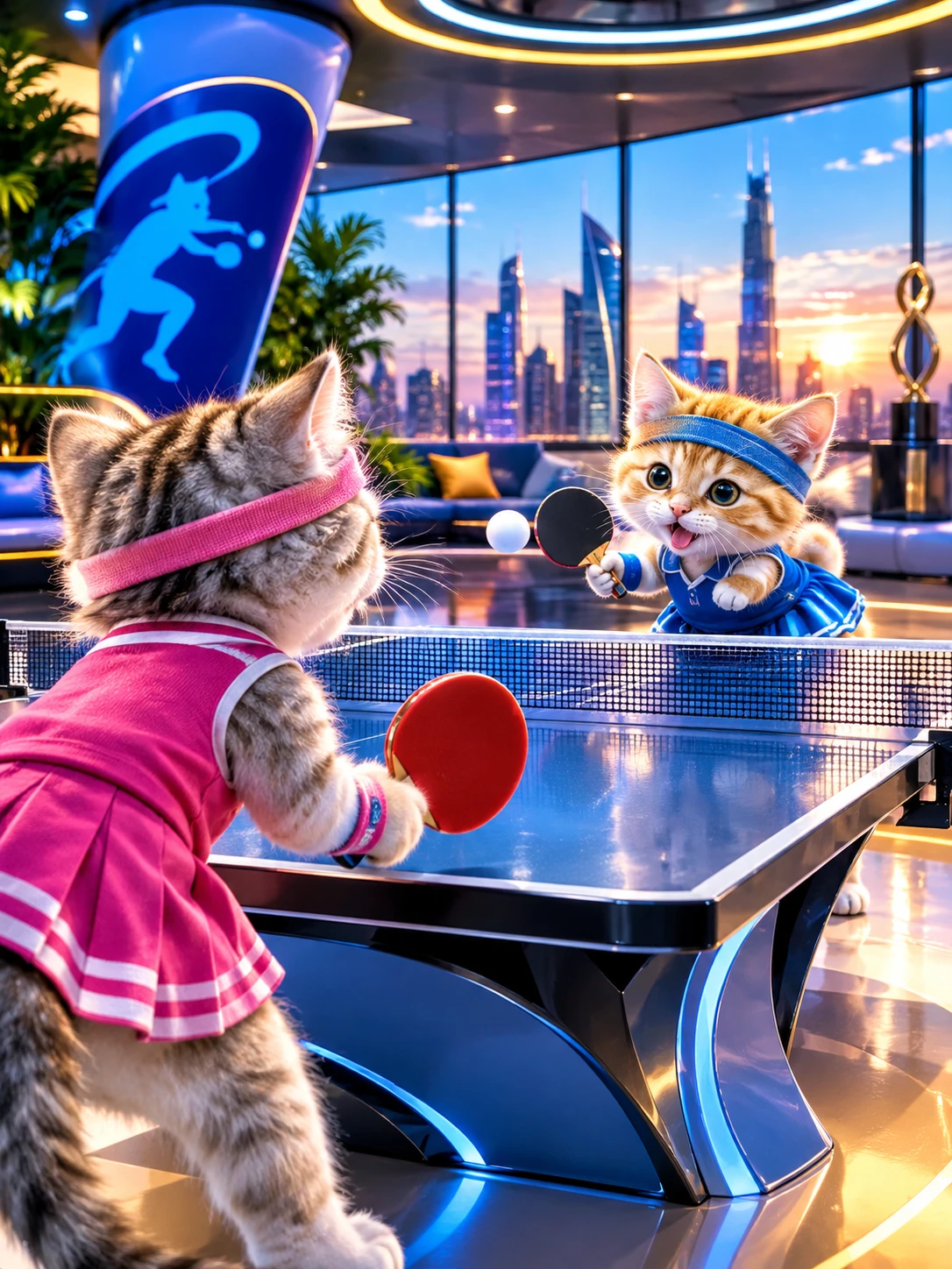 Deux chatons joueurs jouent au ping-pong dans une salle futuriste