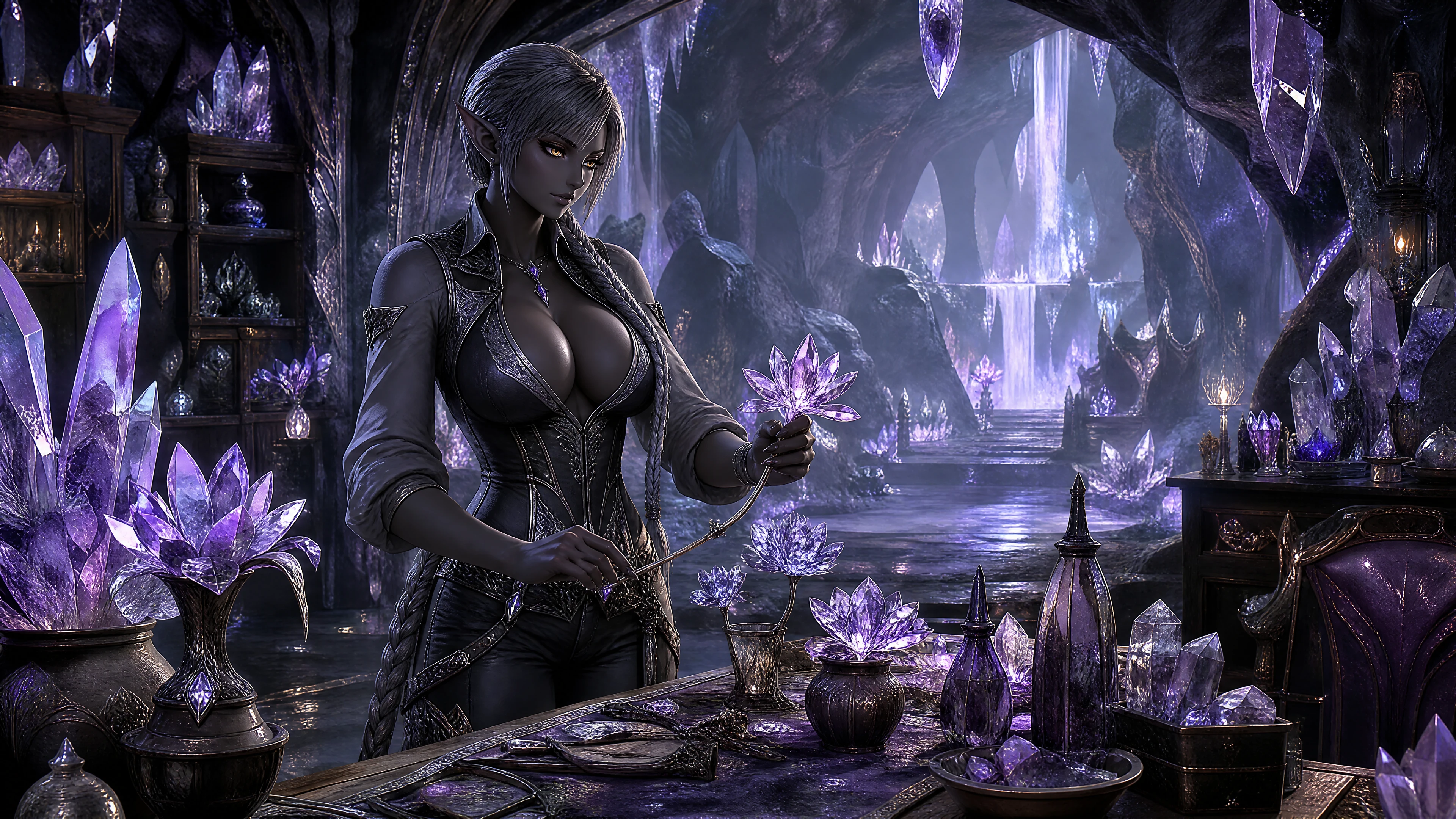 Tall dark elf woman crafting crystal flower decor
