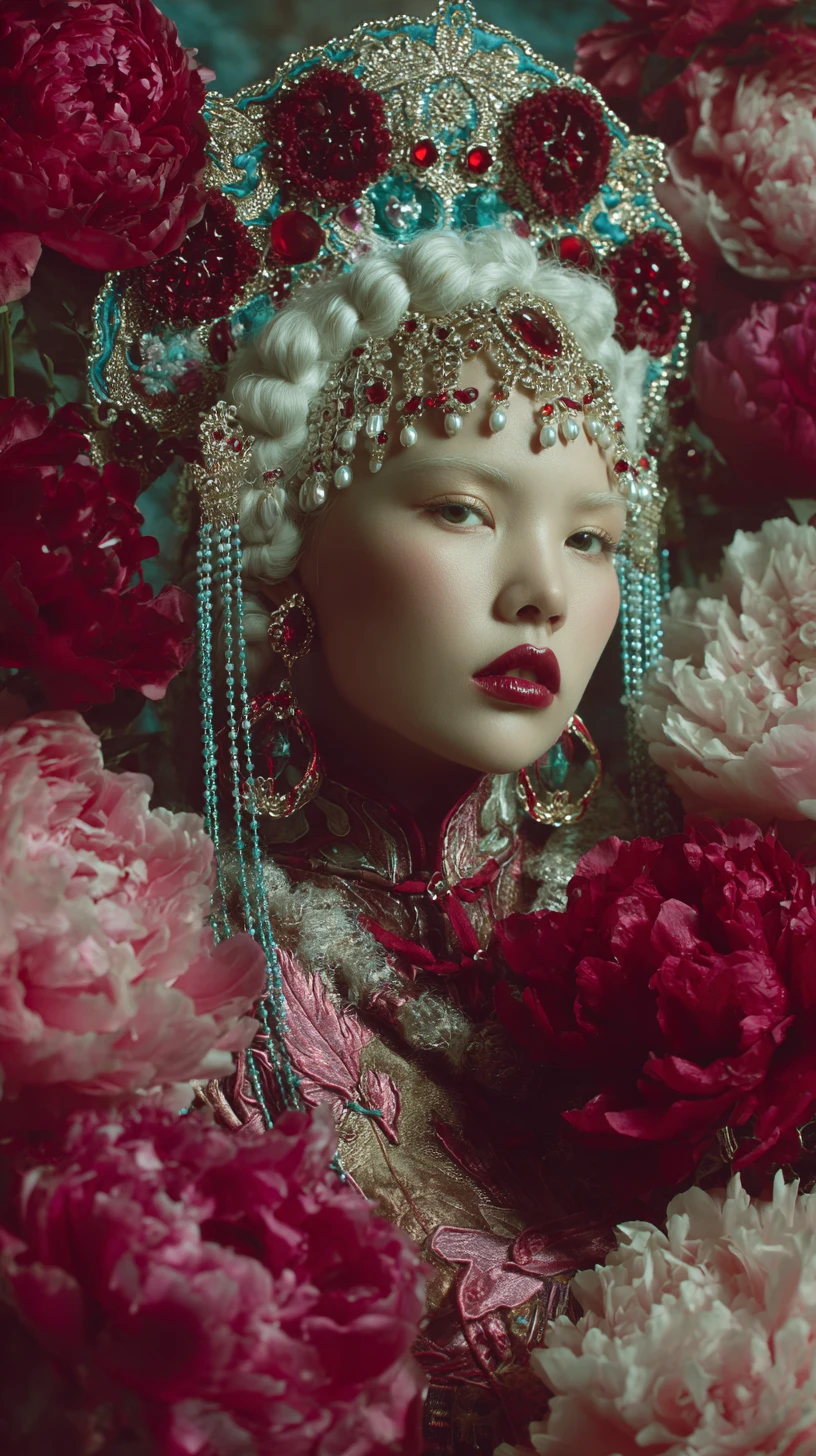 Retrato cinematográfico de uma mulher inspirada no rococó com adereço floral na cabeça