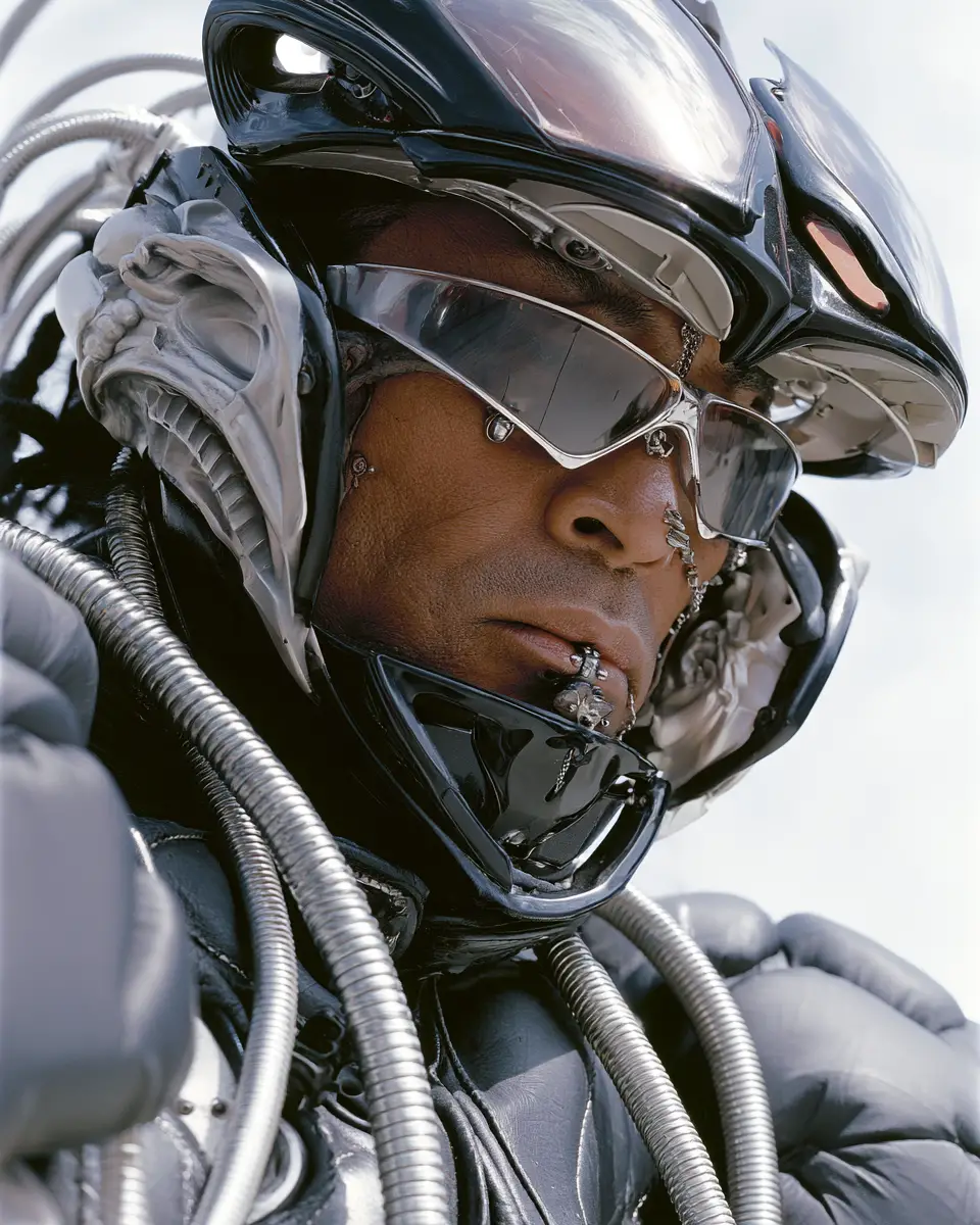 Intense biker portrait with futuristic helmet and piercings