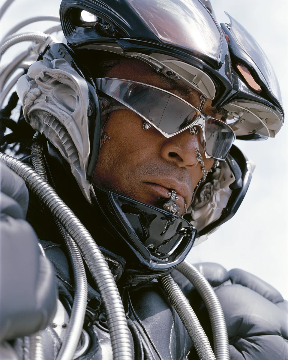 Retrato intenso de motociclista com capacete futurista e piercings