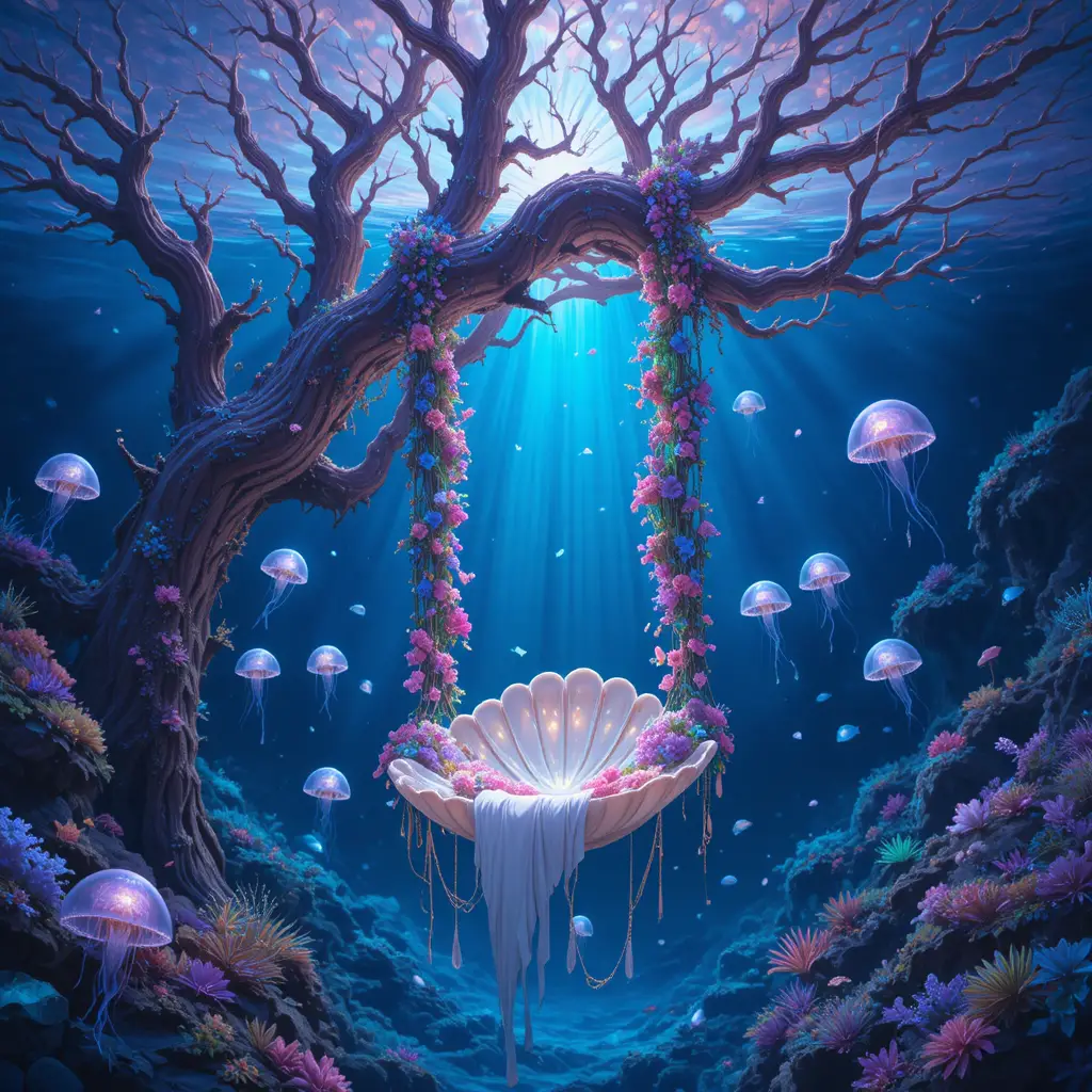 Altalena Sottomarina Incantata sotto un Albero di Corallo Luminoso