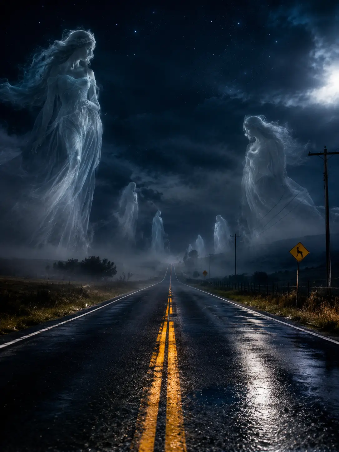 Eerie Night Highway With Ghostly Figures And Car Headlights
