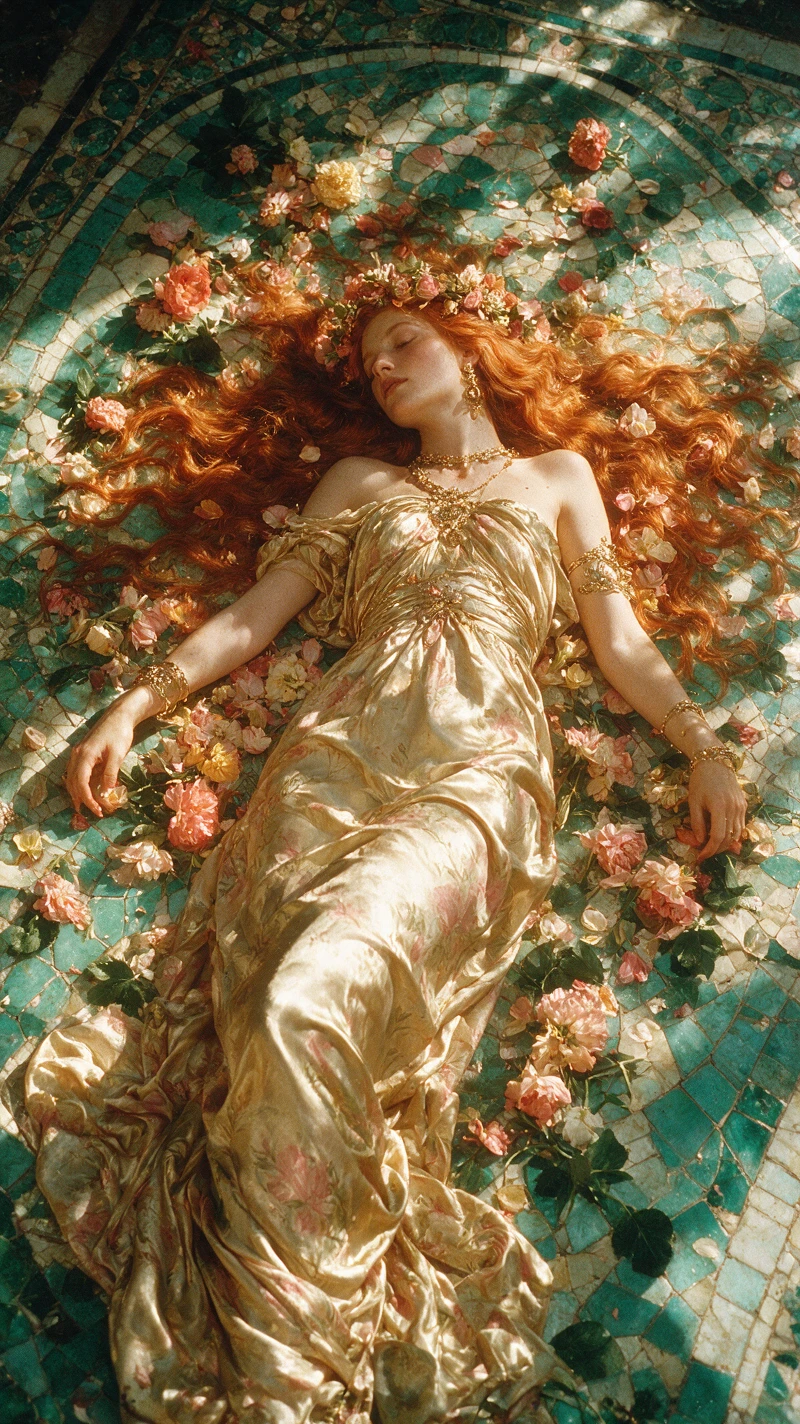 Mulher de vestido dourado em piso de mosaico turquesa ornamentado