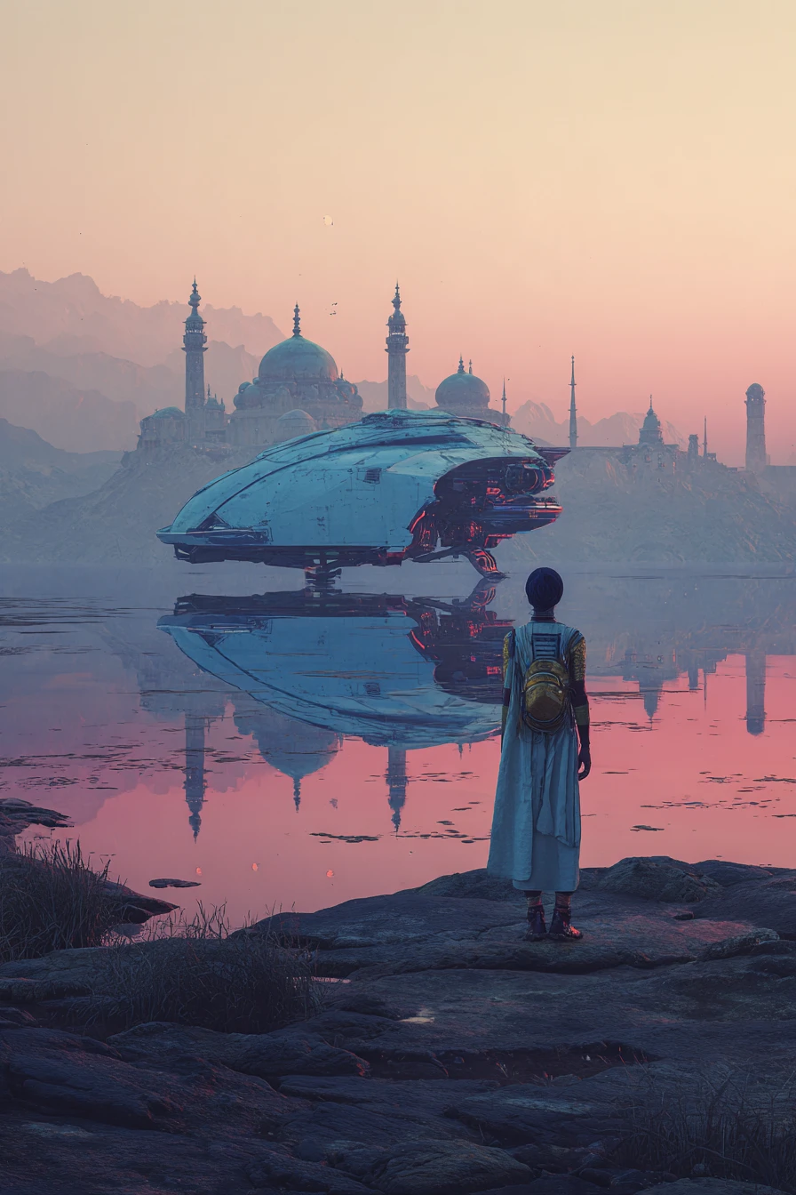 Mujer tribal de ciencia ficción con nave espacial elegante al atardecer
