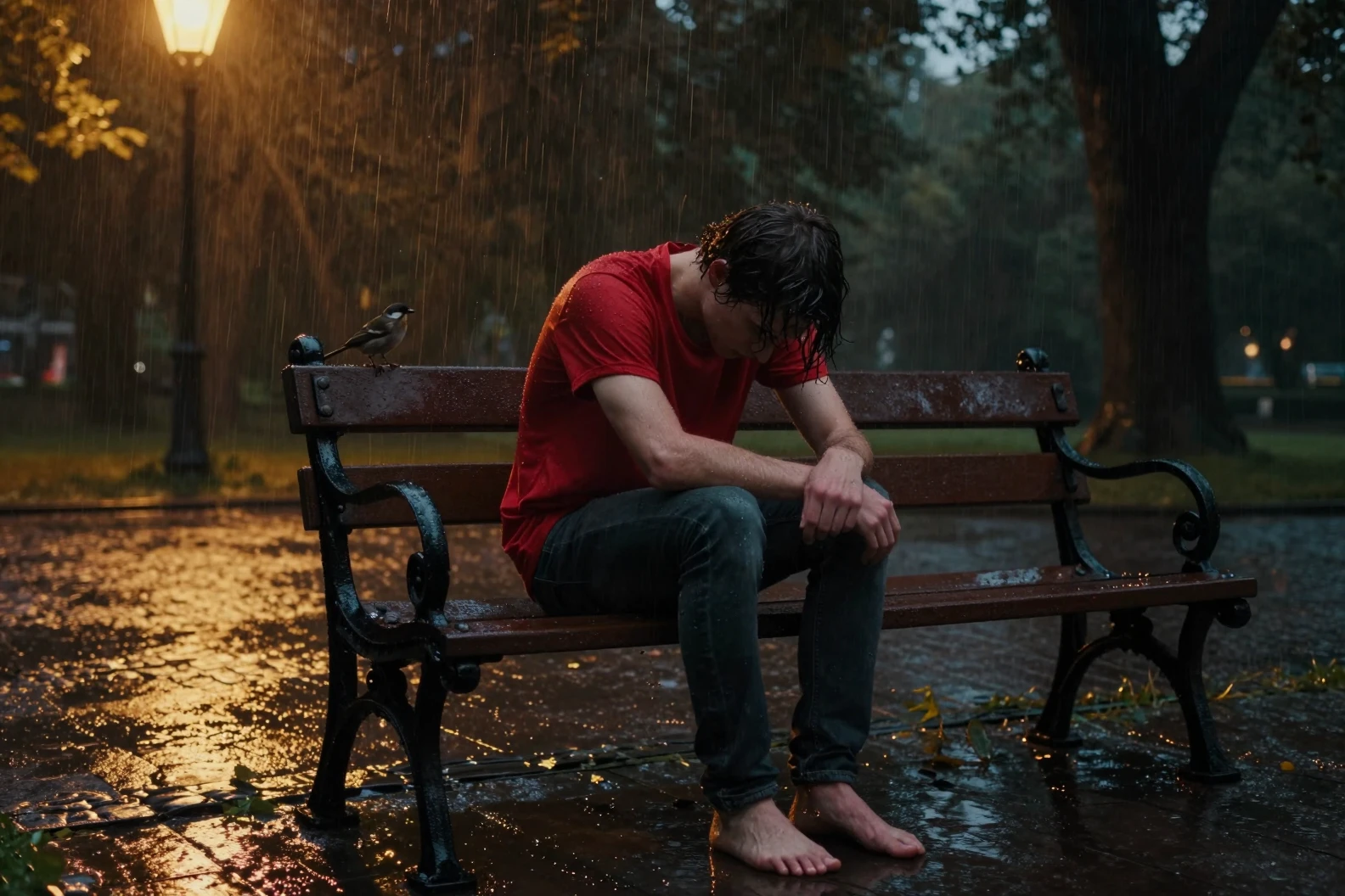 Sad young man on a rainy park bench at dusk